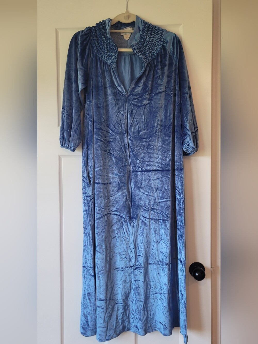 Vintage Blue Velvet Long Robe with Smocked Collar